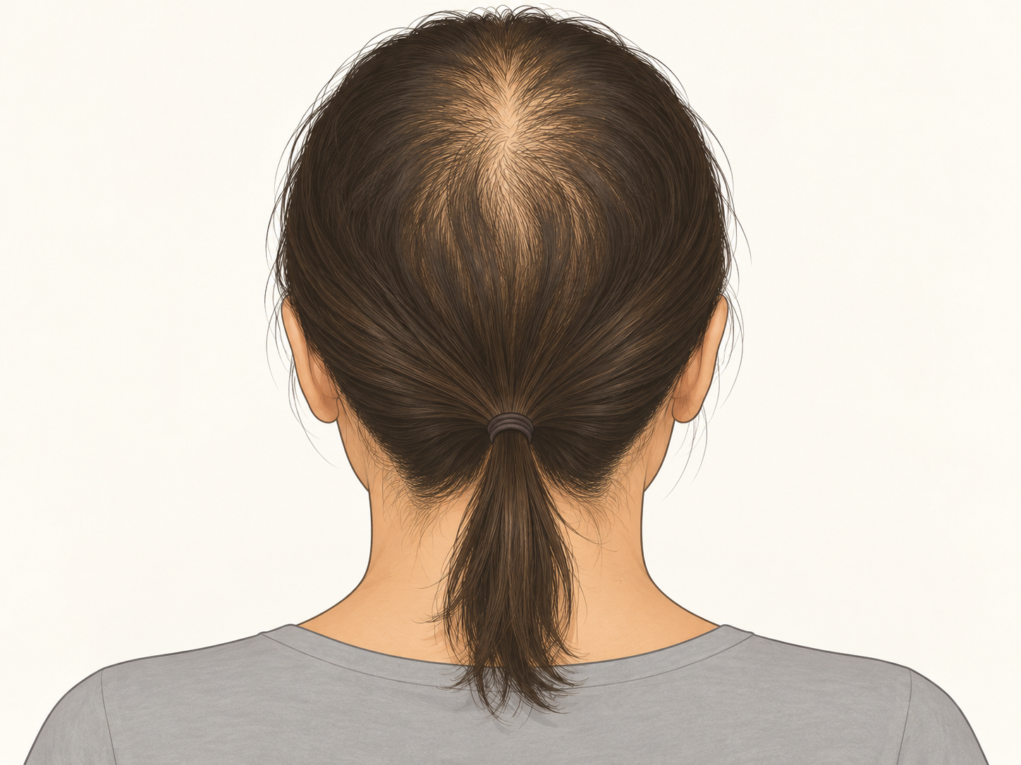 Illustration av minskad hårvolym och tunnare hästsvans hos kvinna