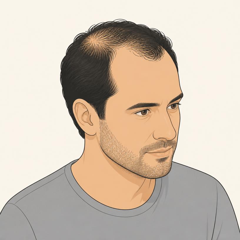 Illustration av kombinerat håravfall vid hårfäste och hjässa