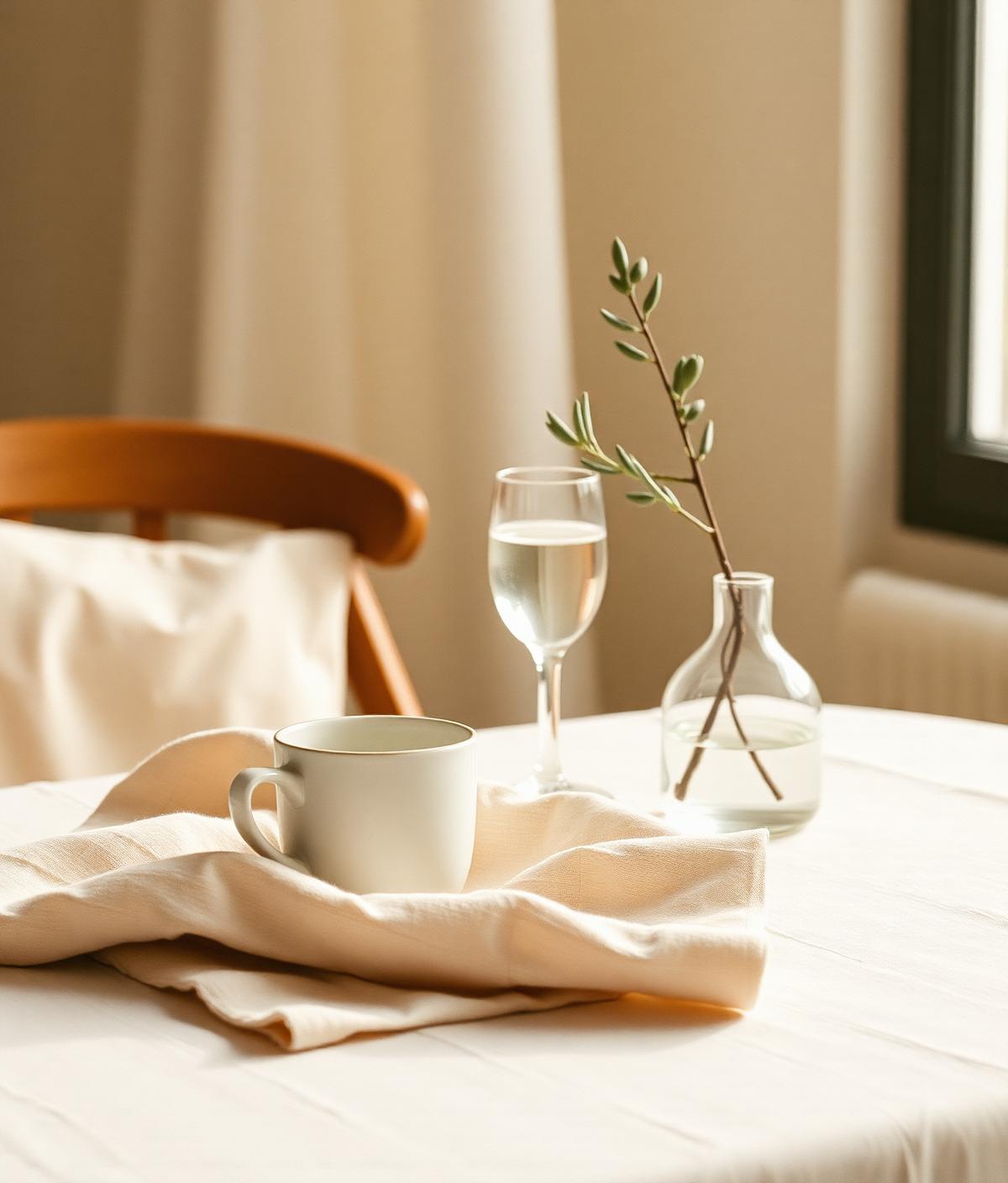 Lugnt morgonbord med kopp och vattenglas