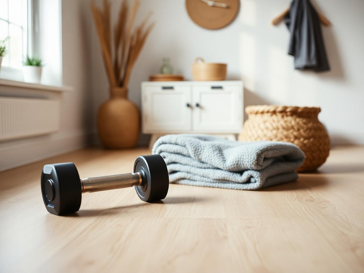 Hantlar och handduk i ett ljust hemmagym